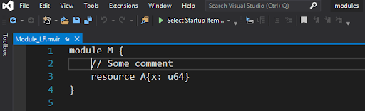 Visual Studio Code editor displaying a module file with syntax-highlighted code including comments and resource declarations.