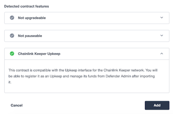 Contract features checklist showing non-upgradeable and non-pauseable restrictions, with Chainlink Keeper Upkeep compatibility details and Add button.