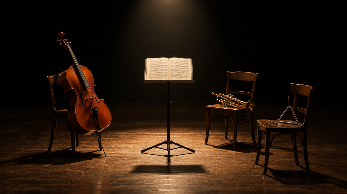 Een lessenaar met een open partituur op een leeg podium, met een cello, een trompet en een triangel eromheen