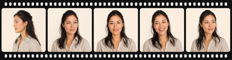 Fotostrip van Mira in vijf standen (AI-gegenereerd beeld)