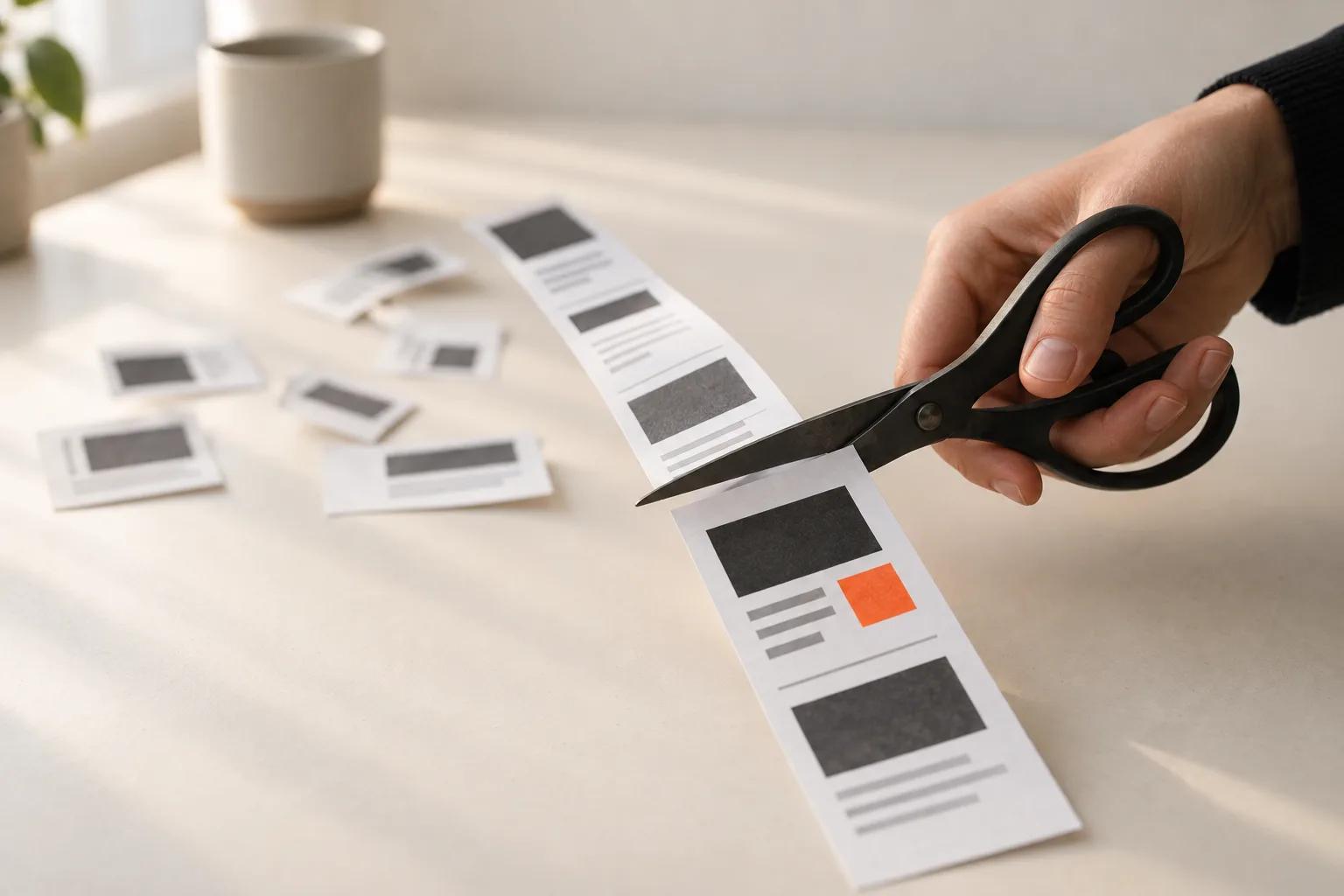 Een hand knipt een strook met websiteblokken in stukken; een kort stuk met een oranje knop blijft over