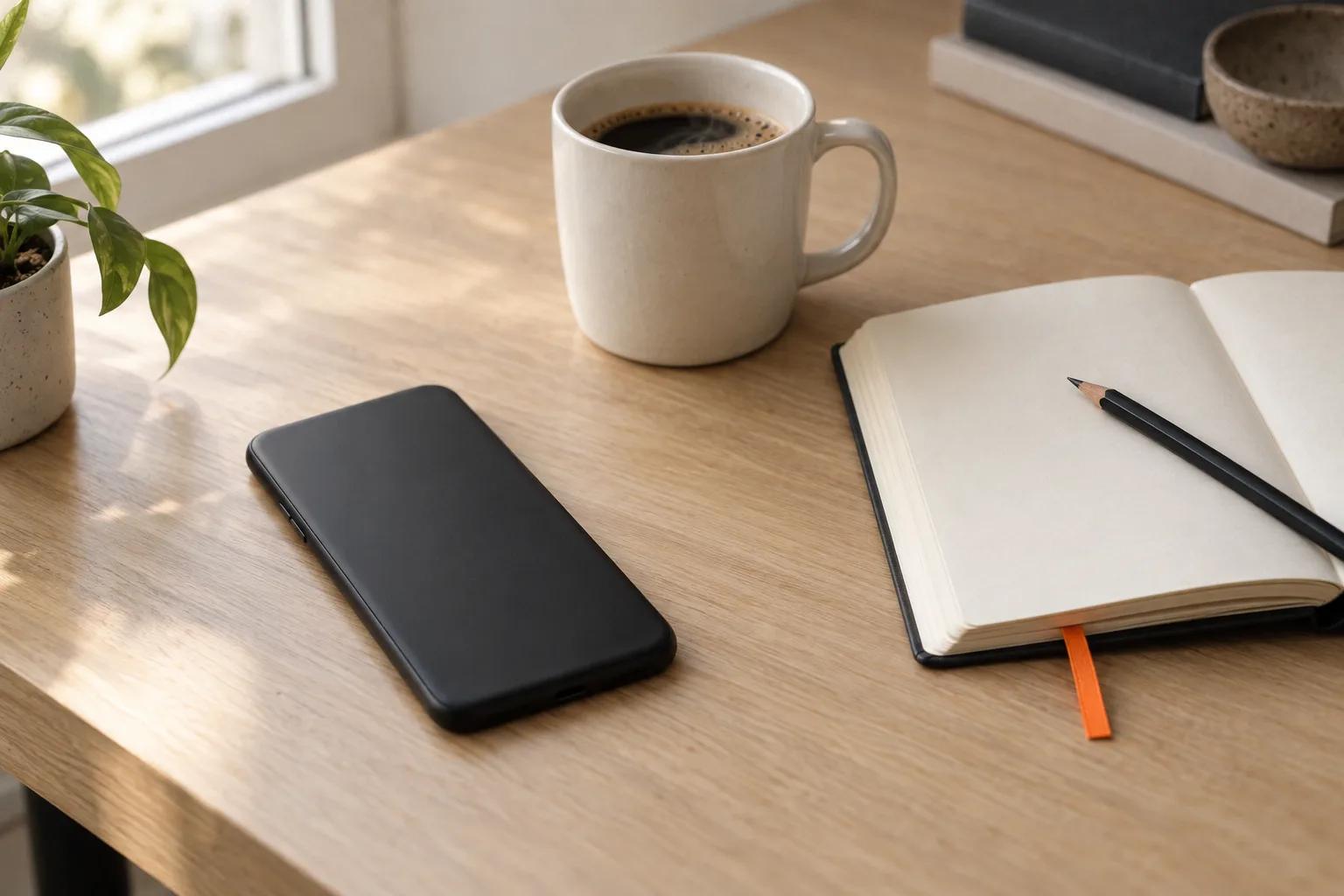 Een telefoon met het scherm omlaag op een eiken bureau, naast koffie en een open notitieboek