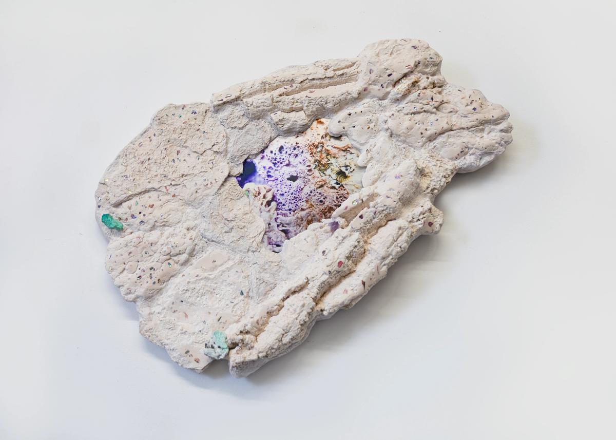 The Other Writing (like the semisolid in the chrysalis), 2023, aqua resin, aluminum, oyster shell fragment, crushed abalone shell, opal, stone, wood, 16⅞ (H) x 24¾ (W) x 4 (D) in /43 x 63 x 10 cm
