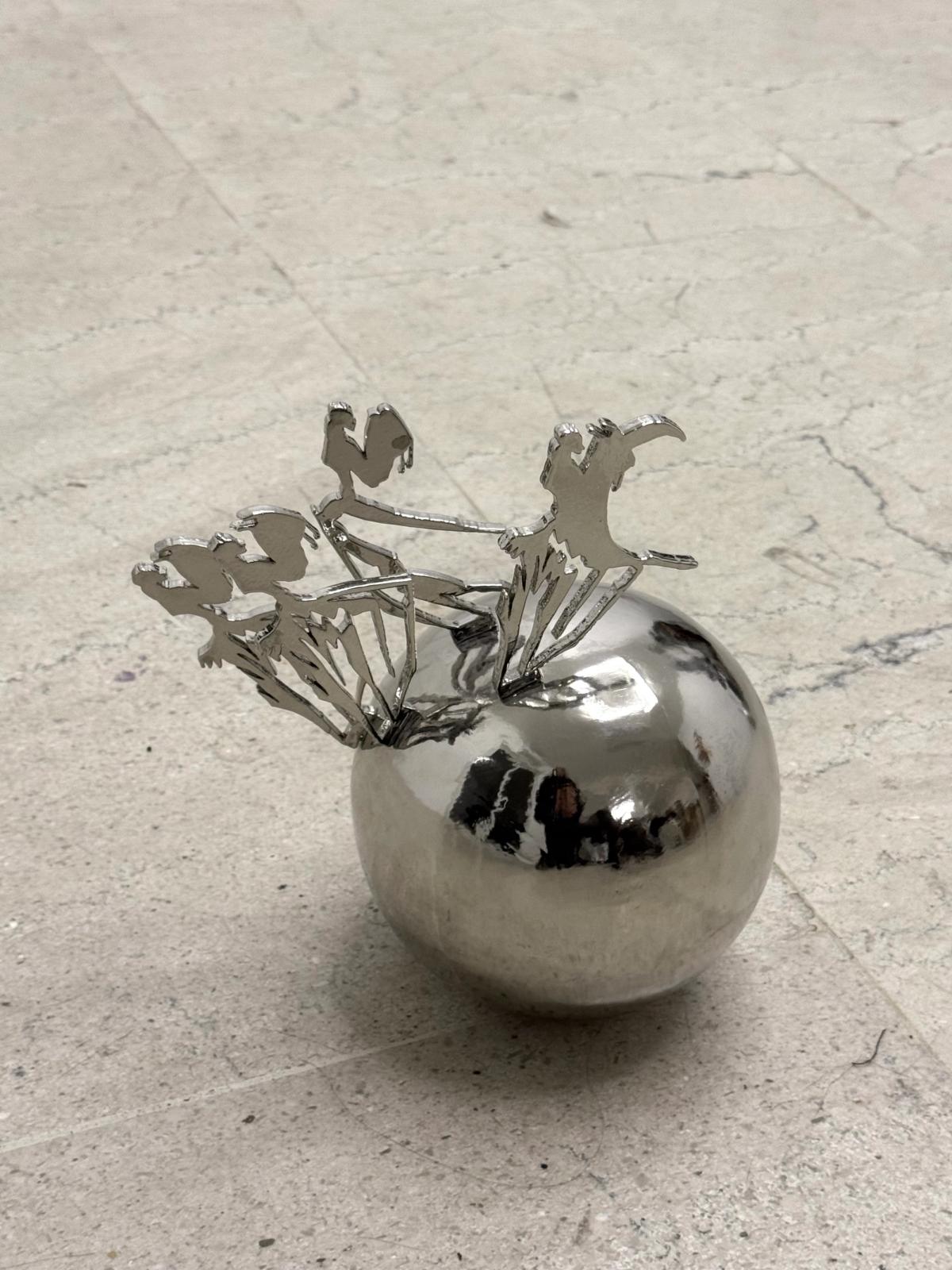 Lito Kattou, Purposes I, 2024, nickel plated copper, wood, 15 x 15 x 20 cm