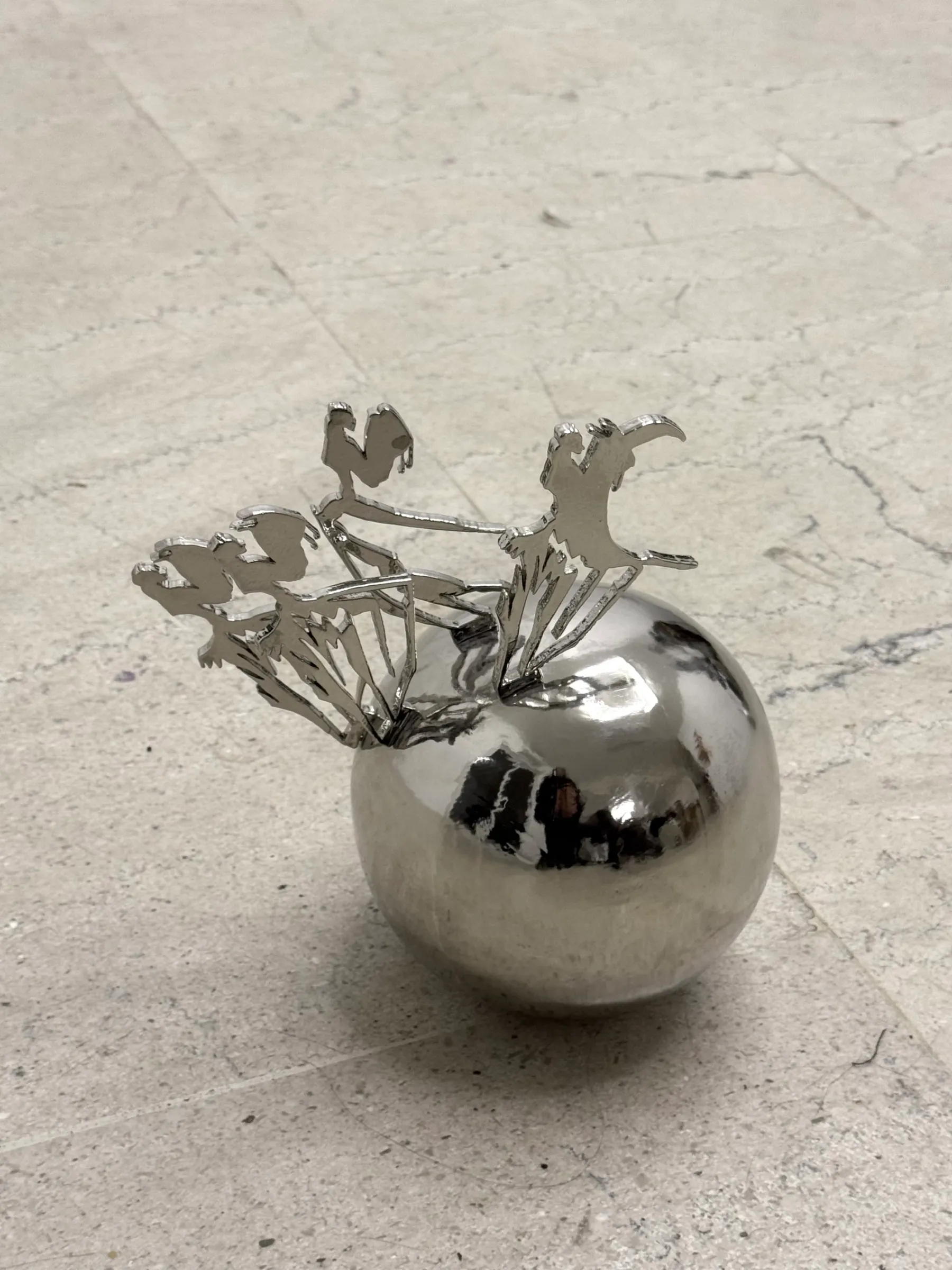 Lito Kattou, Purposes I, 2024, nickel plated copper, wood, 15 x 15 x 20 cm
