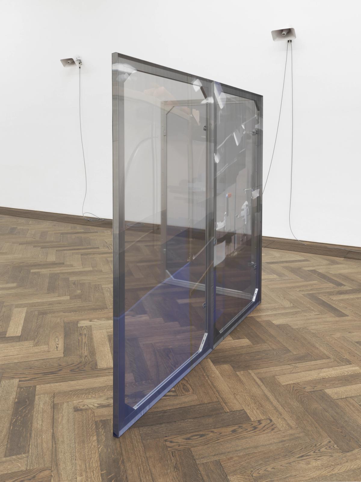 Dorota Gawęda and Eglė Kulbokaitė, Enclosure (upiór) I-VIII, 2024. Aluminium, wood, digital print on chiffon. 200 x 100 x 3.5 cm each (variable dimensions of installation).