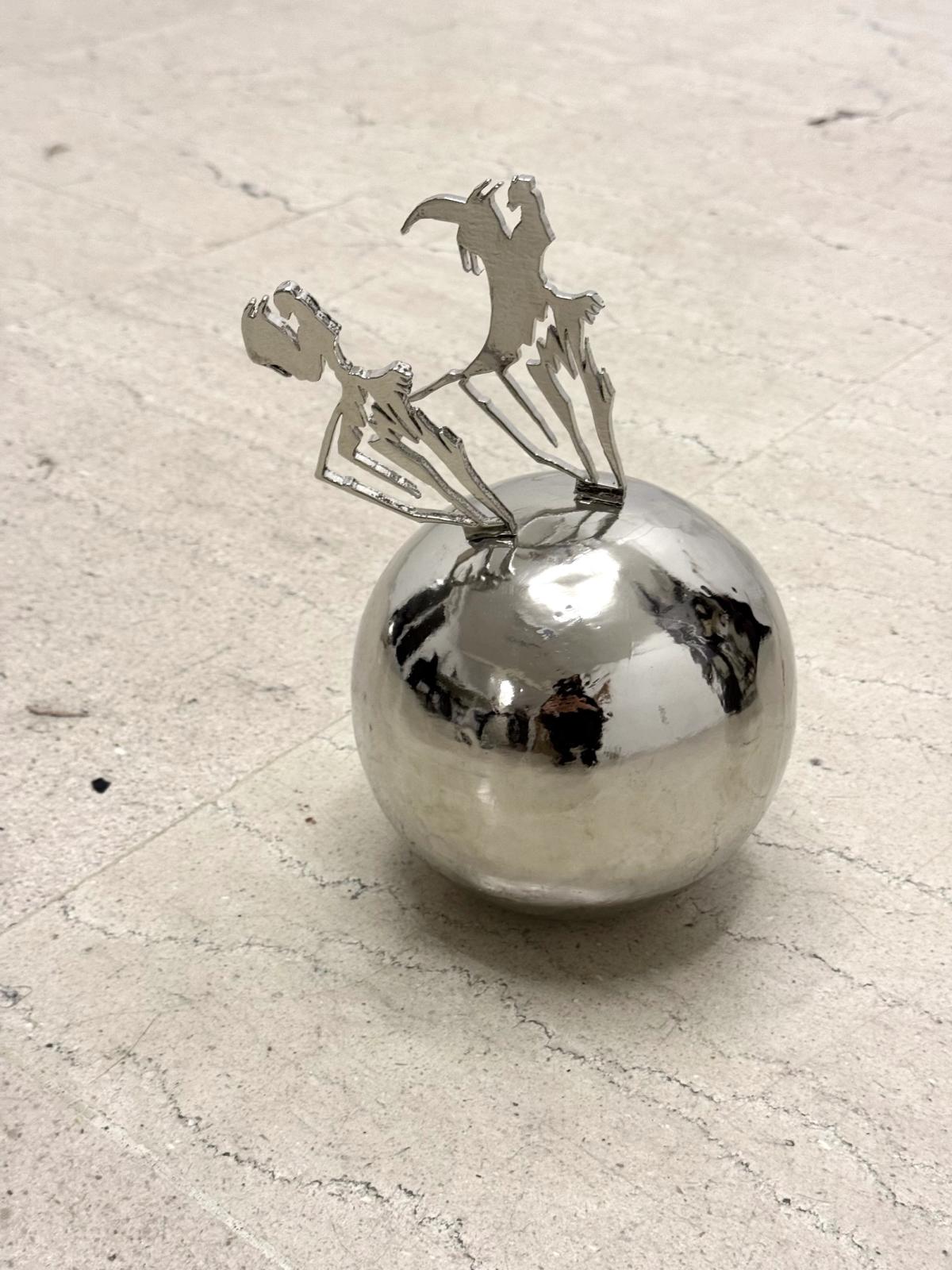 Lito Kattou, Purposes II, 2024, nickel plated copper, wood, 15 x 15 x 20 cm