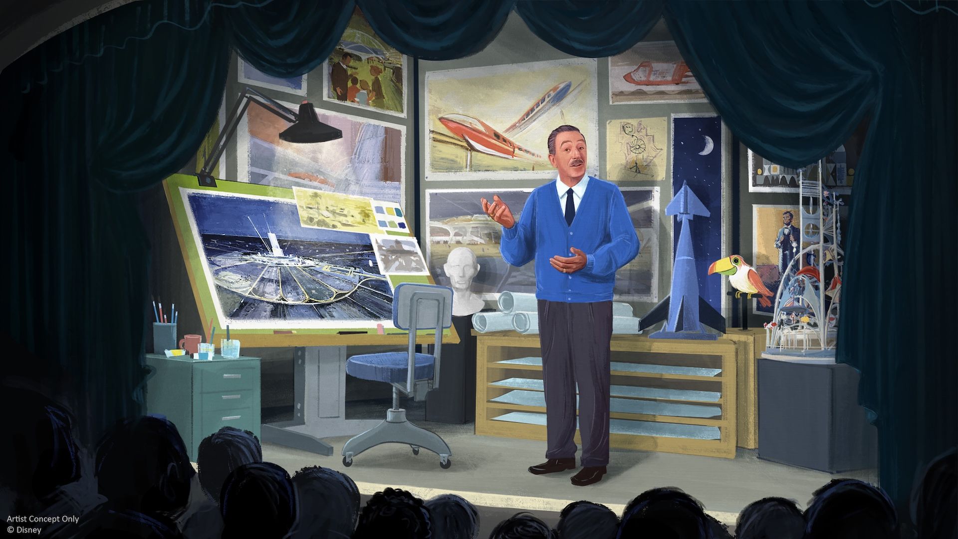 The image depicts an animated scene featuring a male character standing in a creative studio filled with various artistic references. He is gesturing as if presenting, with both sketches and models visible in the background.