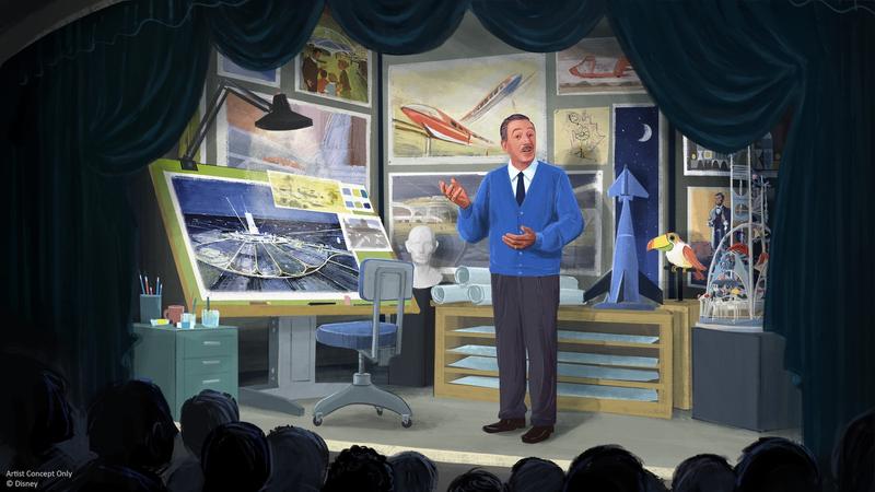 The image depicts an animated scene featuring a male character standing in a creative studio filled with various artistic references. He is gesturing as if presenting, with both sketches and models visible in the background.