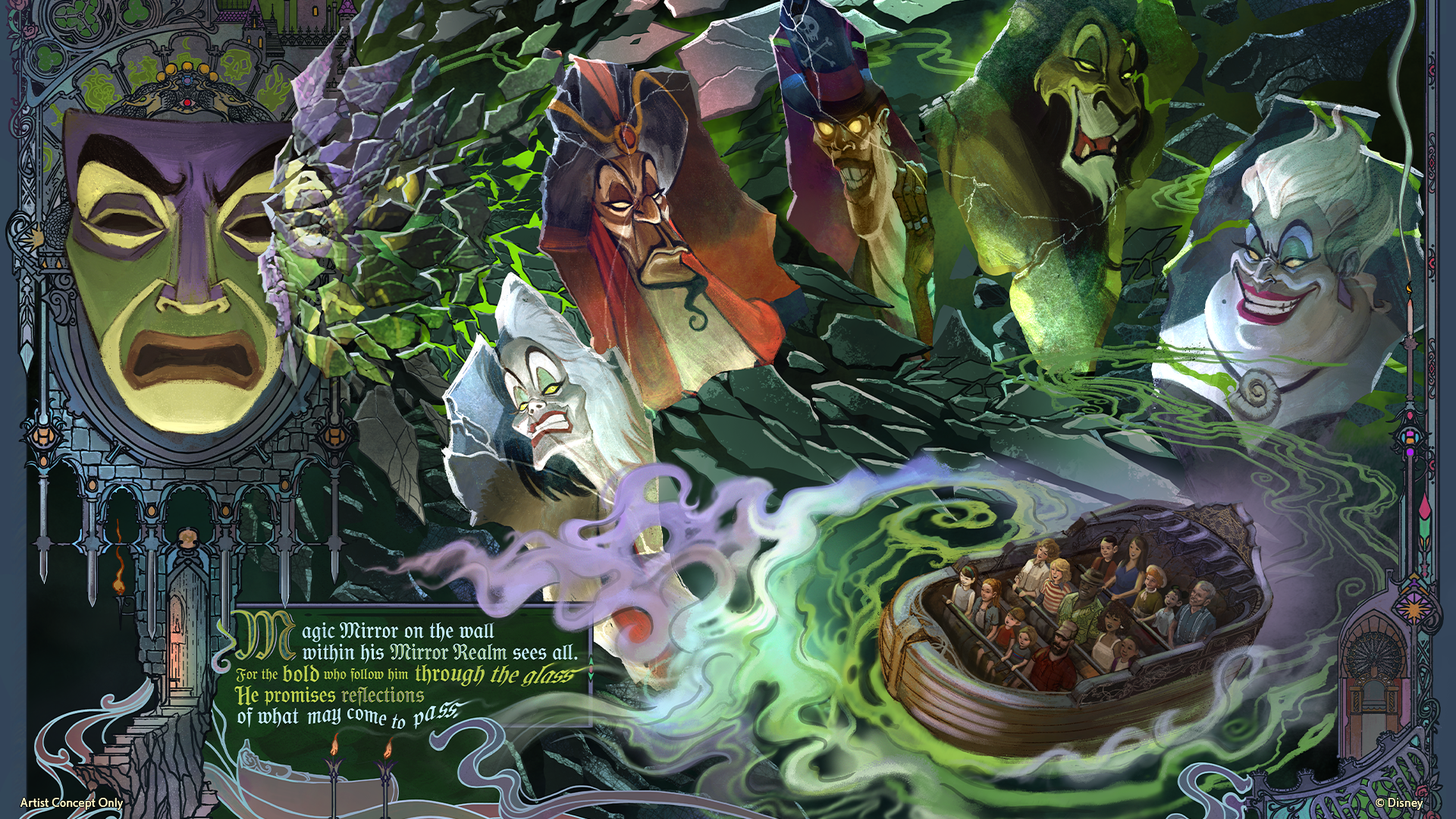 The image features a mystical scene depicting various sinister characters from fairy tales or folklore, emerging from an enchanted landscape. In the foreground, a boat carries individuals surrounded by swirling green mist, suggesting a journey through a magical realm.