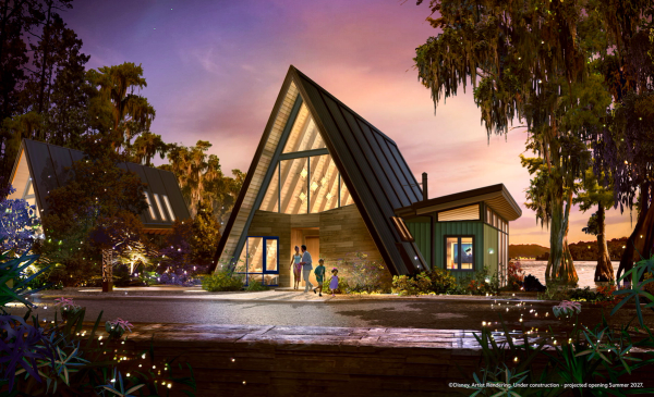 The image depicts a modern, A-frame style lodge situated near a lakeshore, illuminated by a sunset. A family of three, including an adult and two children, is seen approaching the lodge, which features large windows and a combination of wood and metal materials.