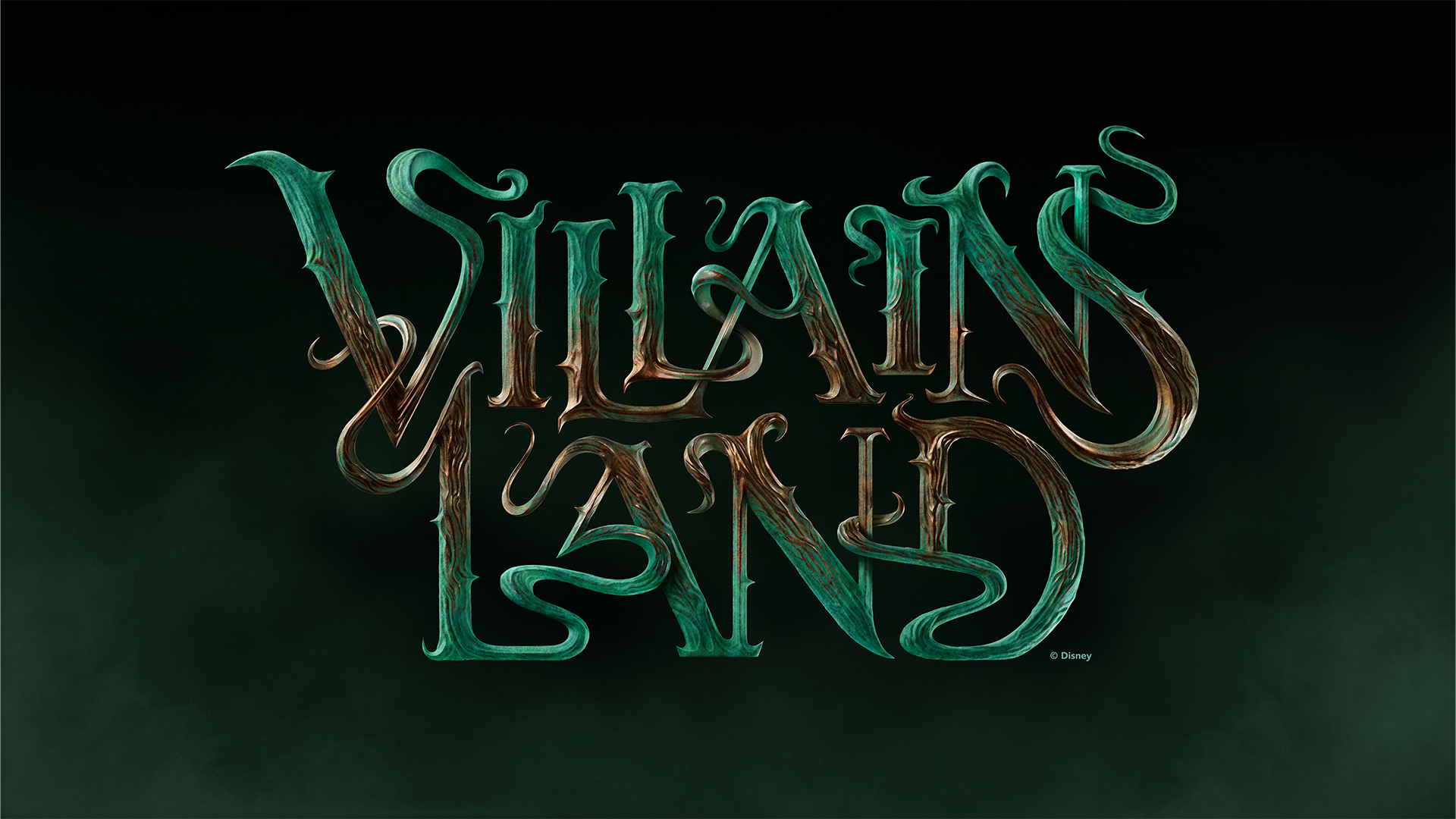 The image features the stylized title 'Villains Land' prominently displayed in an ornate and dark-themed design. The text has a whimsical and sinister feel, suggesting a connection to fantasy or adventure narratives.