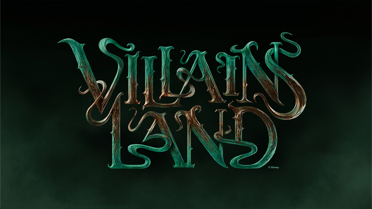 The image features the stylized title 'Villains Land' prominently displayed in an ornate and dark-themed design. The text has a whimsical and sinister feel, suggesting a connection to fantasy or adventure narratives.