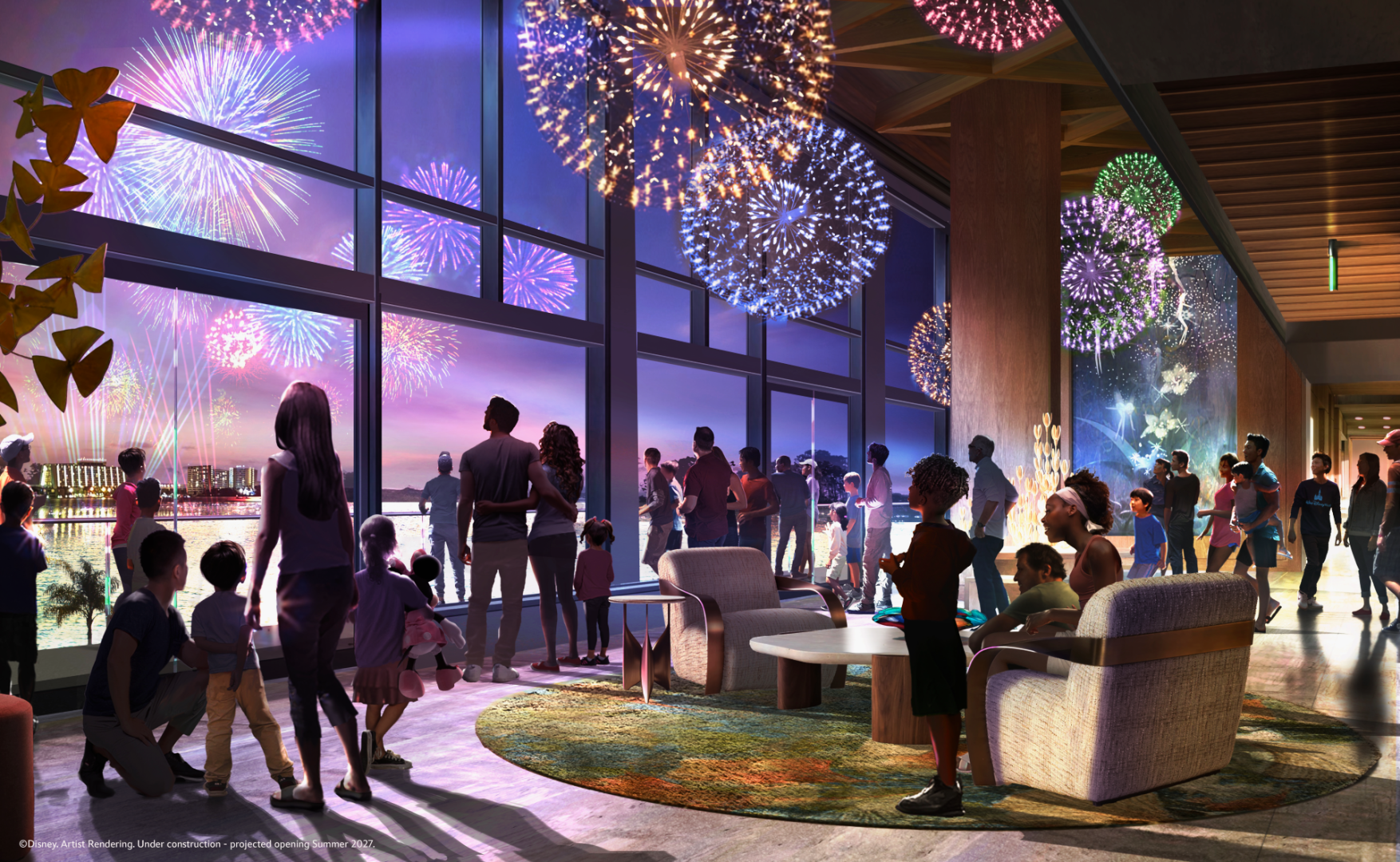 A lively scene depicting a diverse group of people gathered in a modern interior, watching a vibrant fireworks display outside through large windows. The celebration appears joyous, with children and adults alike captivated by the colorful explosions lighting up the night sky.