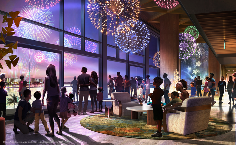A lively scene depicting a diverse group of people gathered in a modern interior, watching a vibrant fireworks display outside through large windows. The celebration appears joyous, with children and adults alike captivated by the colorful explosions lighting up the night sky.