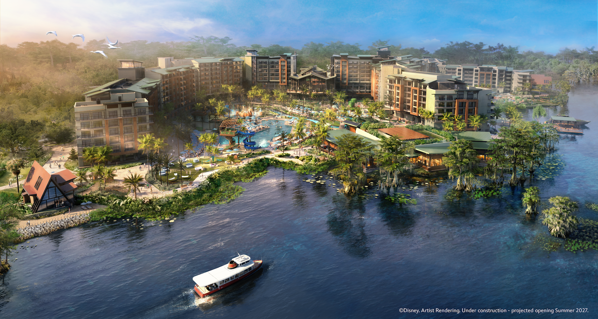 The image depicts a conceptual rendering of a resort under construction, showing a lush landscape with water features and multiple buildings. A boat is visible in the foreground, suggesting access to the resort via water transport.