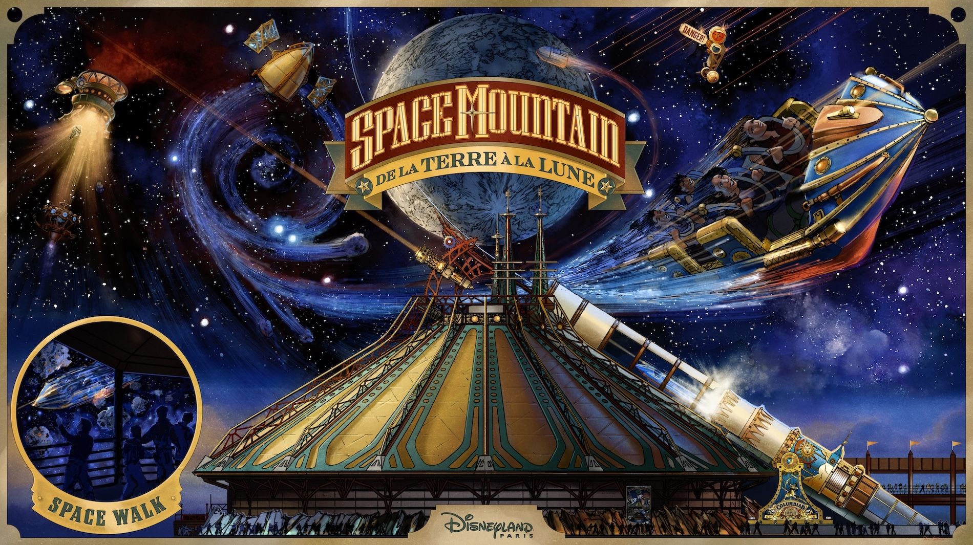 The image depicts an artistic representation of the Space Mountain attraction at Disneyland, featuring a vintage design with a space theme. Elements like planets, stars, and a roller coaster are prominently displayed, creating a sense of adventure and excitement.