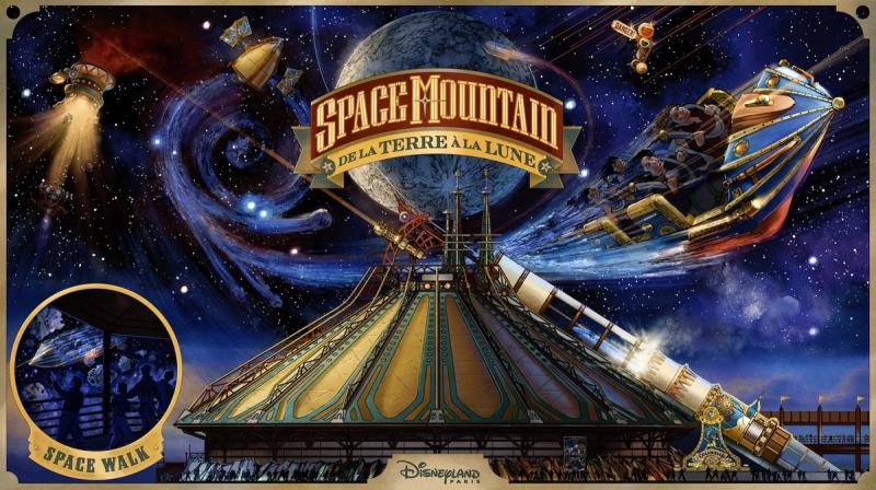 The image depicts an artistic representation of the Space Mountain attraction at Disneyland, featuring a vintage design with a space theme. Elements like planets, stars, and a roller coaster are prominently displayed, creating a sense of adventure and excitement.