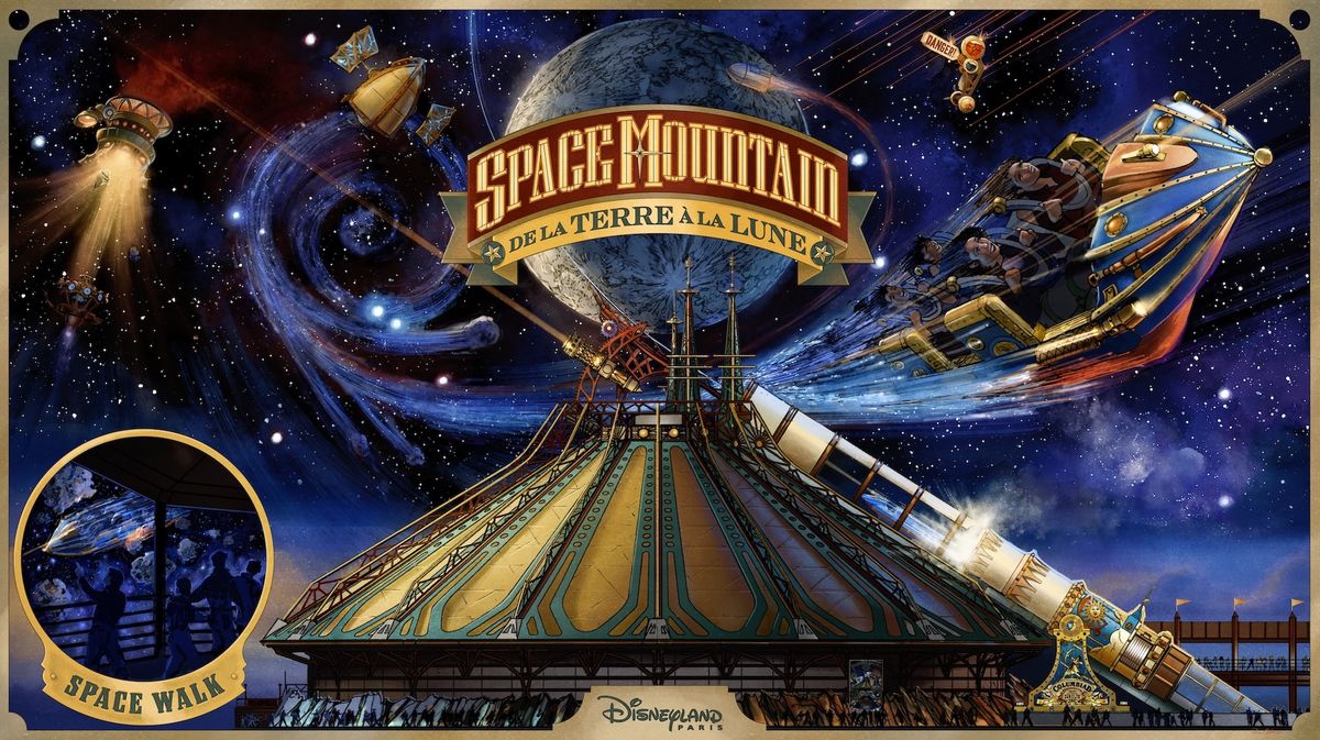 The image depicts an artistic representation of the Space Mountain attraction at Disneyland, featuring a vintage design with a space theme. Elements like planets, stars, and a roller coaster are prominently displayed, creating a sense of adventure and excitement.