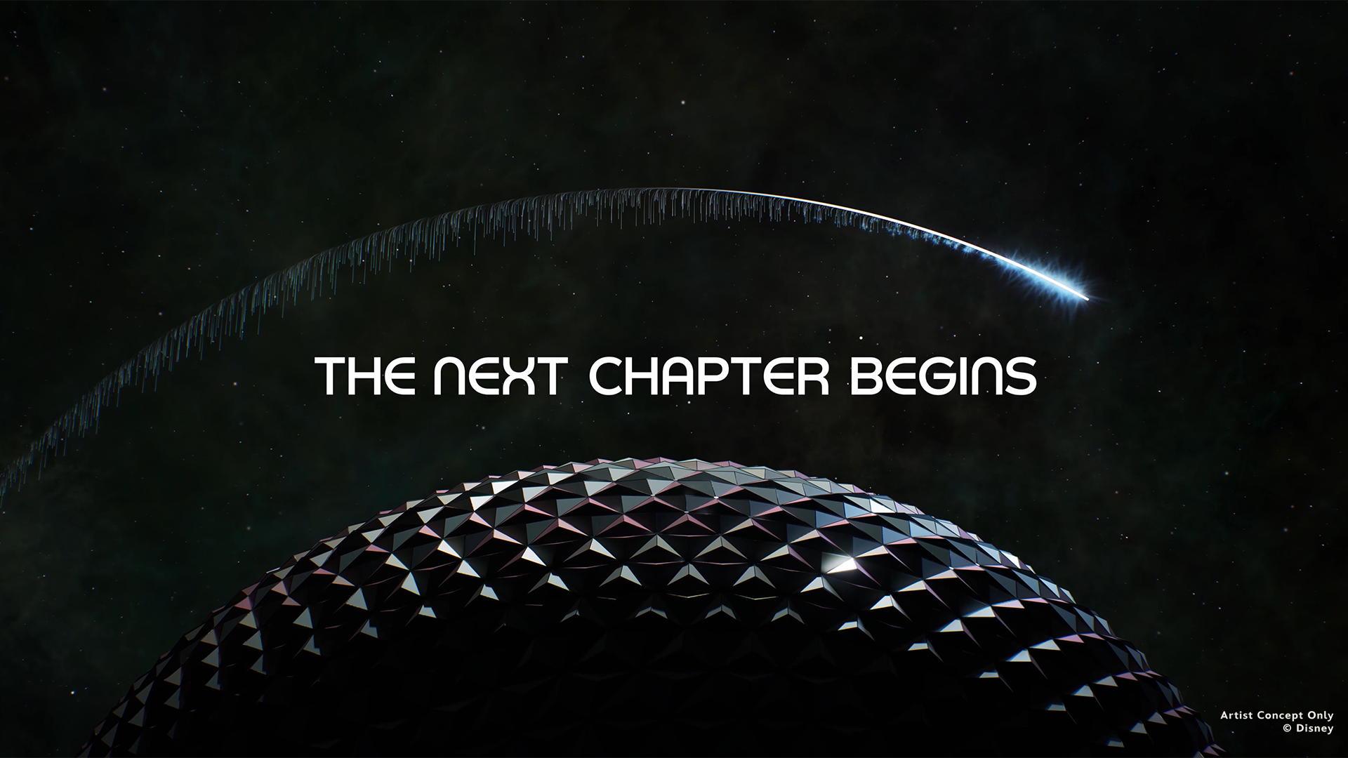 The image features a futuristic landscape with a dome structure and a celestial backdrop. An ethereal arc is depicted above, suggesting a narrative of progression or change.