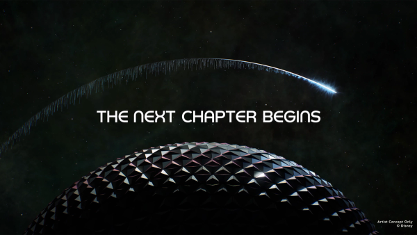 The image features a futuristic landscape with a dome structure and a celestial backdrop. An ethereal arc is depicted above, suggesting a narrative of progression or change.