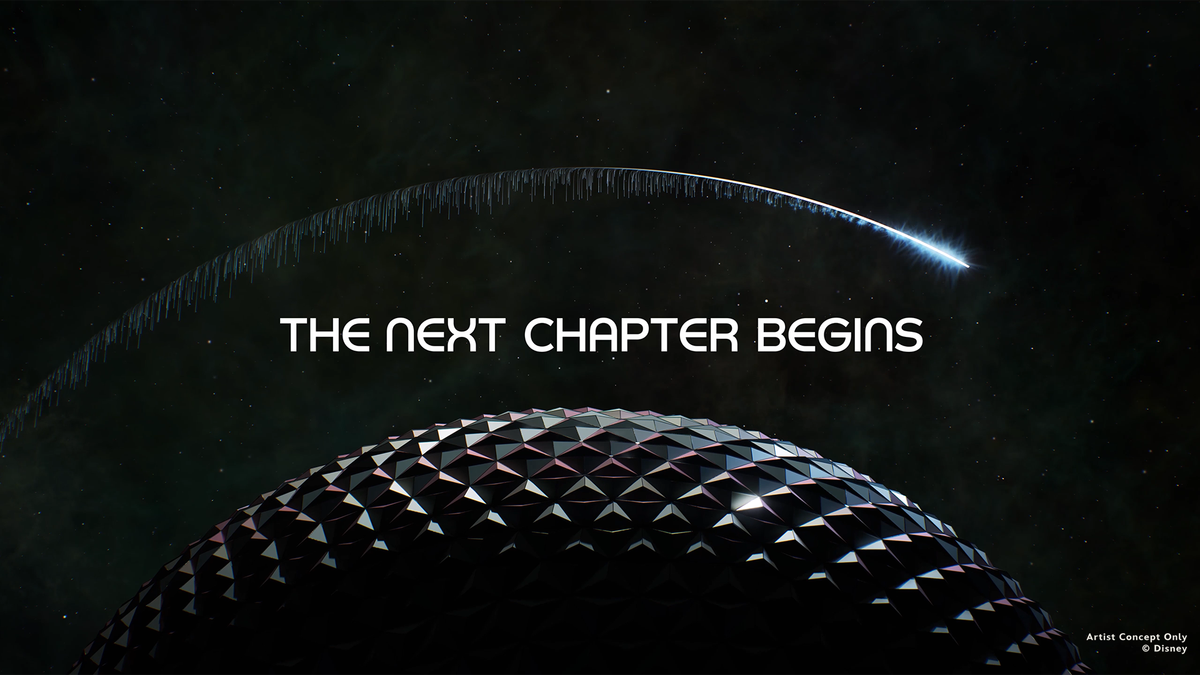 The image features a futuristic landscape with a dome structure and a celestial backdrop. An ethereal arc is depicted above, suggesting a narrative of progression or change.