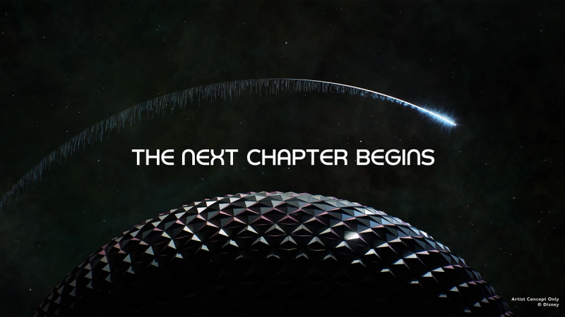 The image features a futuristic landscape with a dome structure and a celestial backdrop. An ethereal arc is depicted above, suggesting a narrative of progression or change.