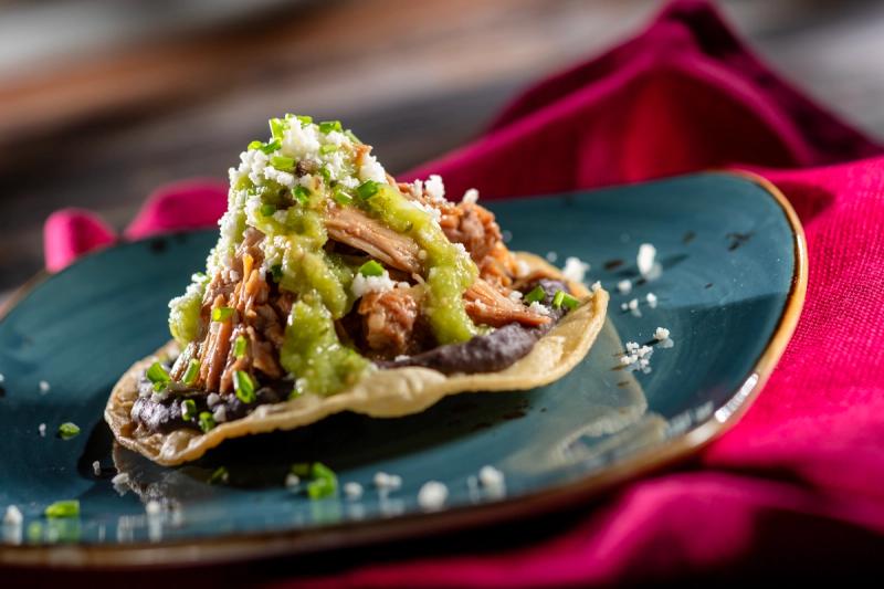 The image features a close-up of a tostada topped with shredded meat, green salsa, cheese, and herbs, presented on a decorative plate. The vibrant colors and textures highlight the dish's appeal, set against a rich, red background.