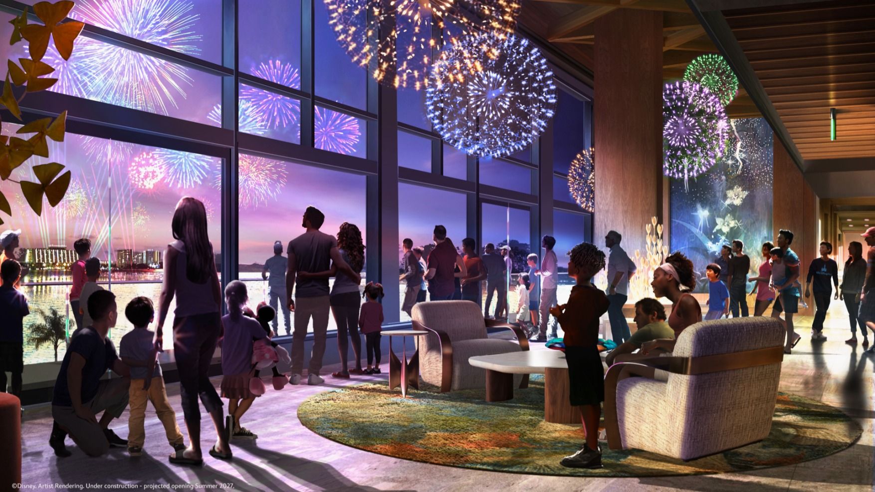 Disney World artwork teases Lakeshore Lodge's three restaurants, lobby and fireworks lounge