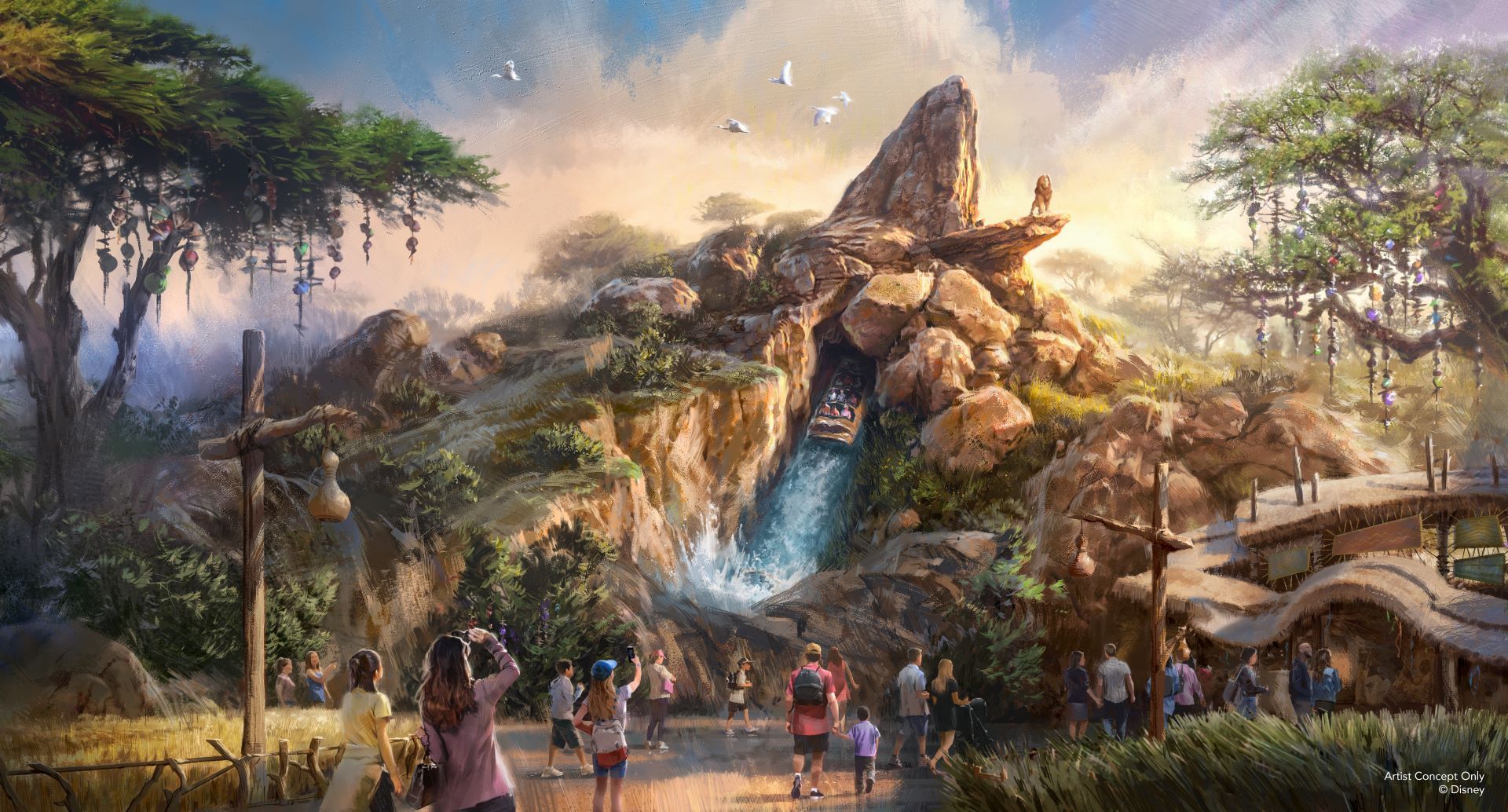 The image depicts a vibrant, animated scene of a natural landscape featuring a large rock formation and a waterfall. Visitors are seen engaging with the environment, suggesting a theme park or attraction setting.