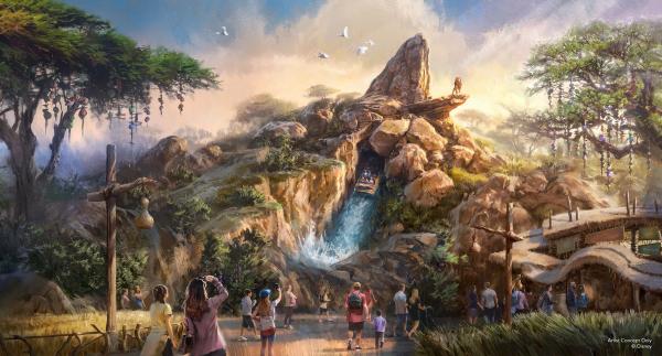 The image depicts a vibrant, animated scene of a natural landscape featuring a large rock formation and a waterfall. Visitors are seen engaging with the environment, suggesting a theme park or attraction setting.
