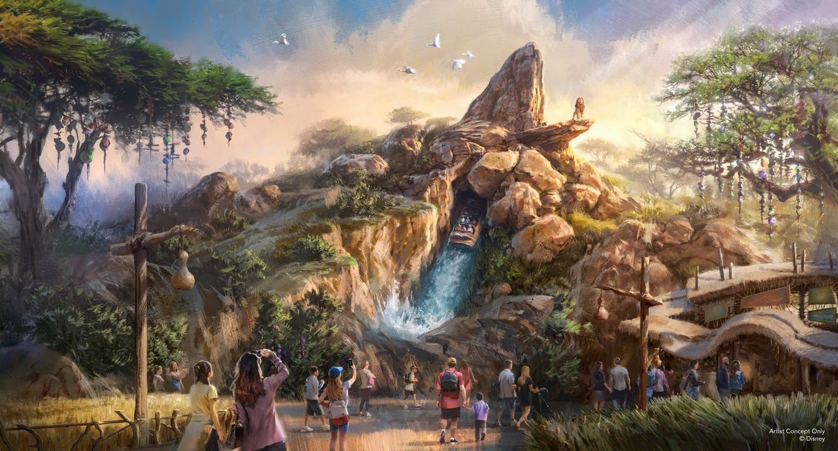 The image depicts a vibrant, animated scene of a natural landscape featuring a large rock formation and a waterfall. Visitors are seen engaging with the environment, suggesting a theme park or attraction setting.