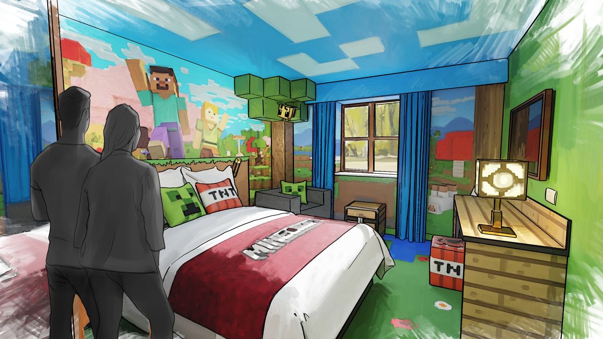 The image depicts a stylized bedroom designed with a Minecraft theme, featuring bright colors and iconic game elements. Two figures are observing the room, which showcases wall art, themed bedding, and furniture inspired by the video game.