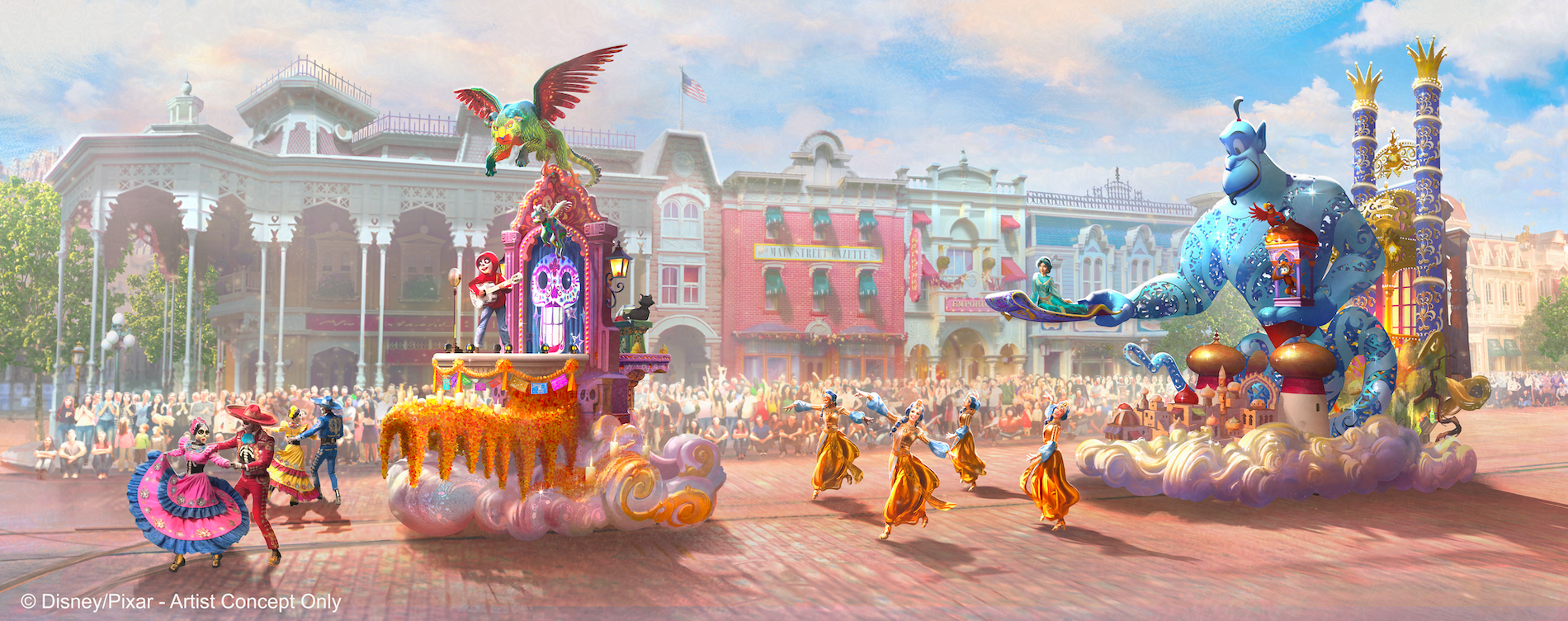 The image depicts a vibrant parade scene featuring colorful floats and performers in elaborate costumes, set against a festive street backdrop reminiscent of a theme park atmosphere. Participants engage in a dance procession, celebrating a lively cultural event.
