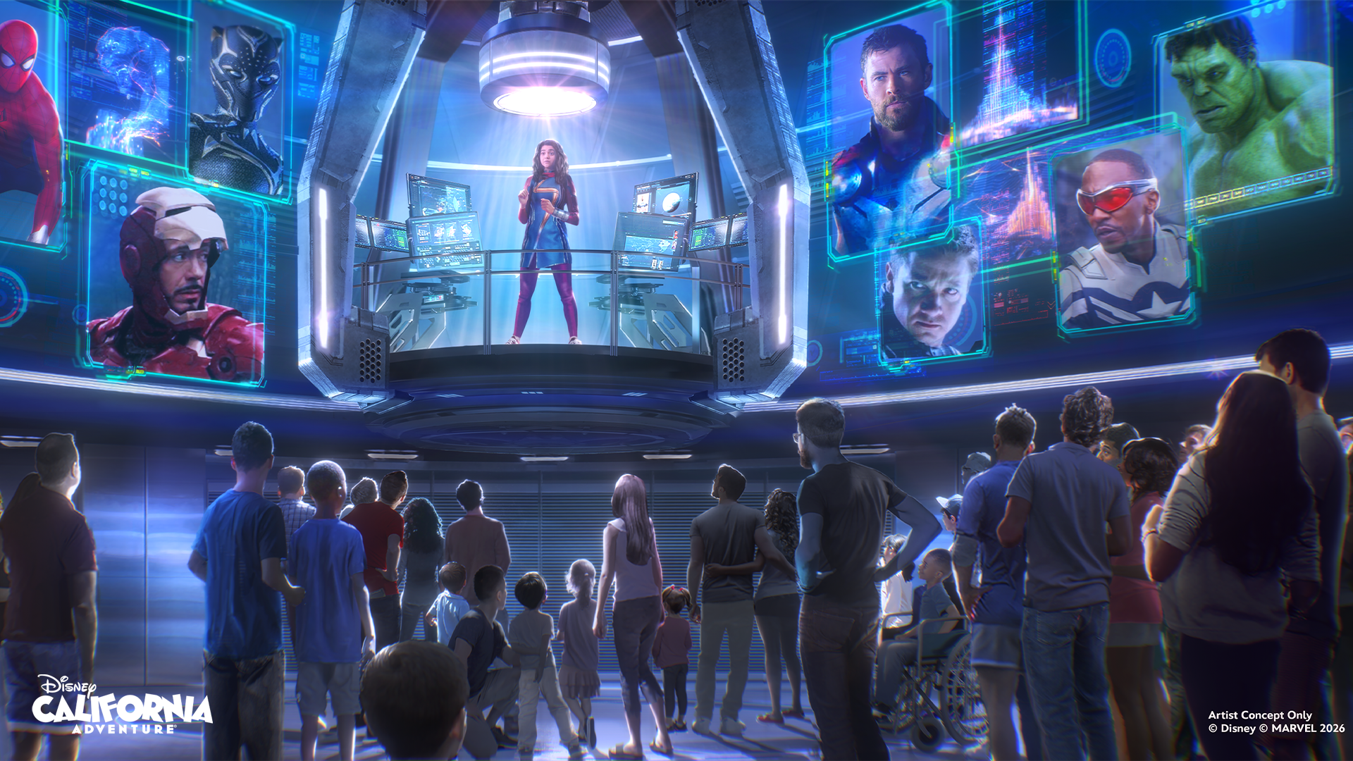 The image depicts an artist's concept of an interactive exhibit at Disney California Adventure, featuring a host presenting to a captivated audience. Surrounding visuals include popular Marvel superheroes displayed on screens, creating an engaging and immersive atmosphere.