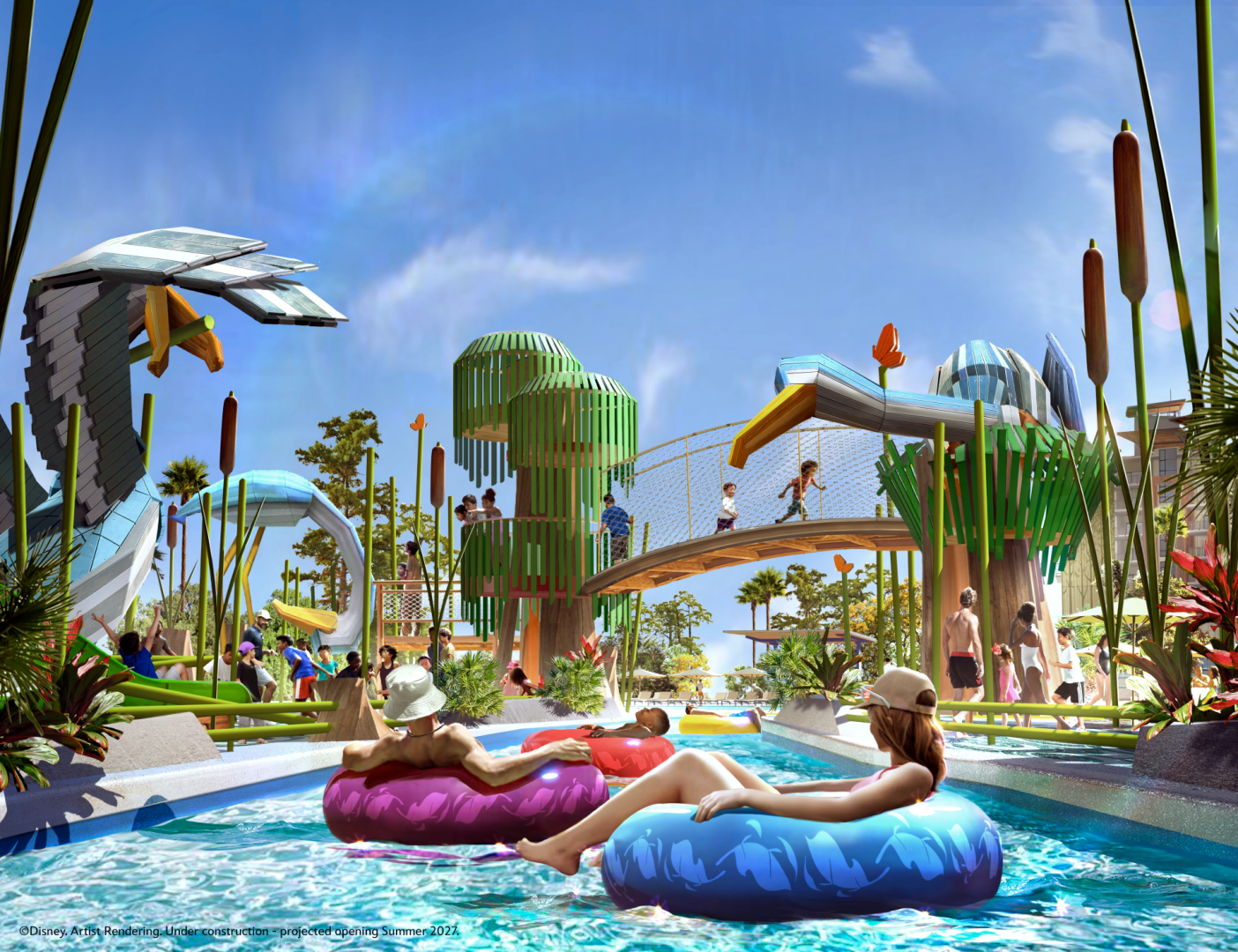The image depicts a vibrant water park scene with colorful waterslides and lush greenery. People can be seen enjoying the attractions, including lounging in inflatable rings and walking across a bridge.