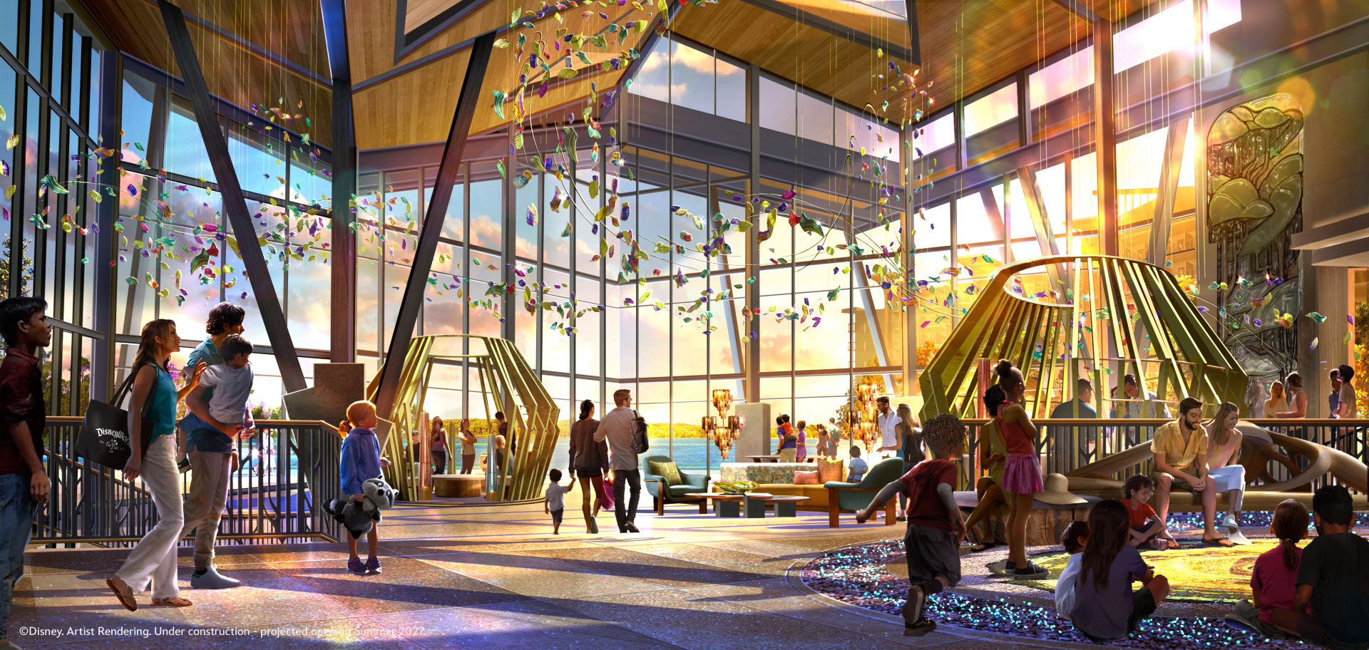 A vibrant indoor space depicting a modern design with large windows and colorful decorations. Various people, including families and children, are engaged in activities, surrounded by playful art installations.