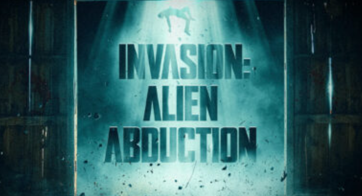 The image features a dramatic lighting setup illuminating the phrase 'INVASION: ALIEN ABDUCTION'. It appears to depict a mysterious or suspenseful theme, likely related to a film or creative project about extraterrestrial encounters.