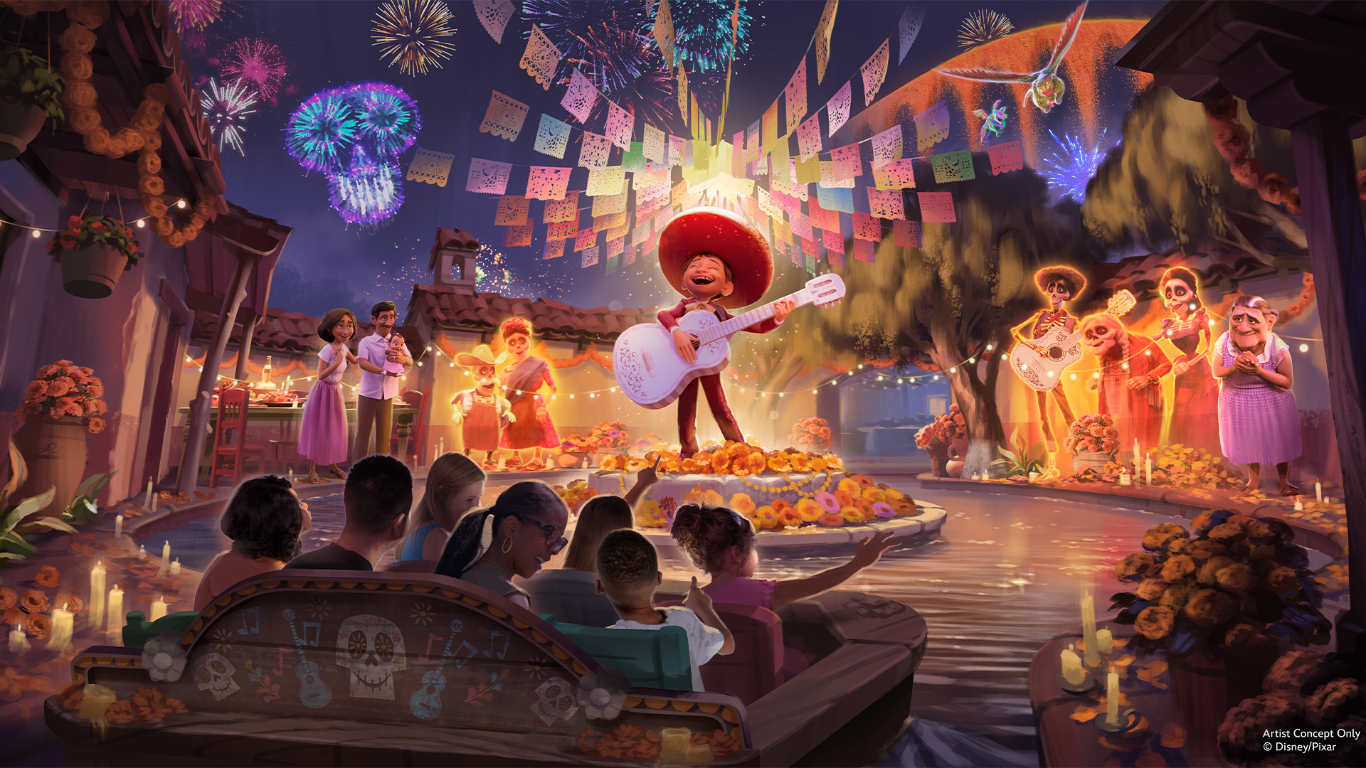 The image depicts a vibrant celebration with a mariachi band playing music during a festive event, surrounded by colorful decorations and fireworks in the sky. The atmosphere is lively, with attendees enjoying the performance from a boat on a scenic waterway.