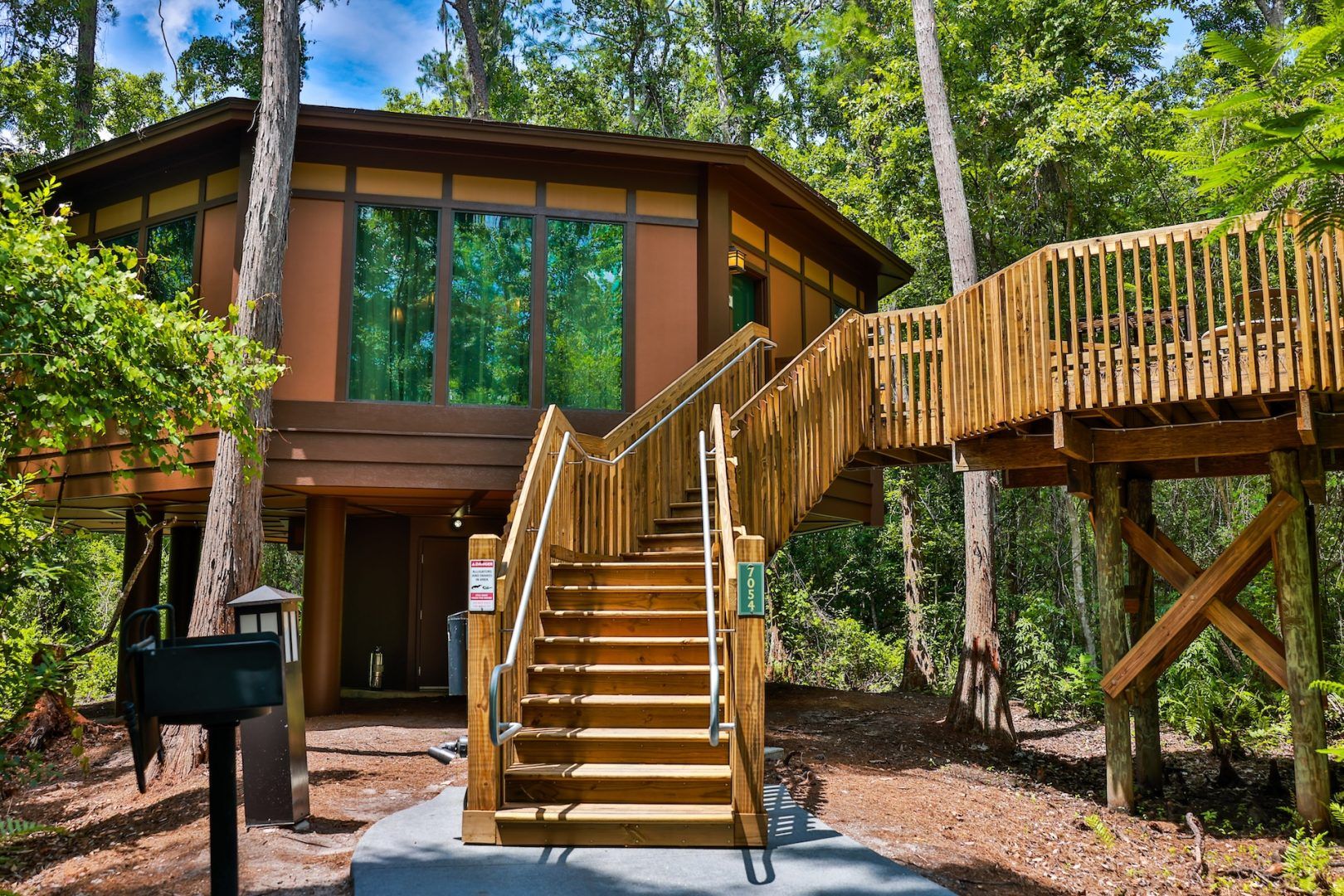The image features a modern wooden structure set in a lush, green forest environment. The building has large windows and a welcoming staircase leading up to a decked entrance.