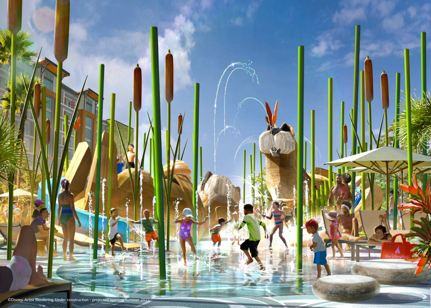 The image depicts a children’s water play area featuring various aquatic attractions such as fountains and slides amidst a lush tropical setting. Families are enjoying the pool, with children splashing in the water and engaging in playful activities.