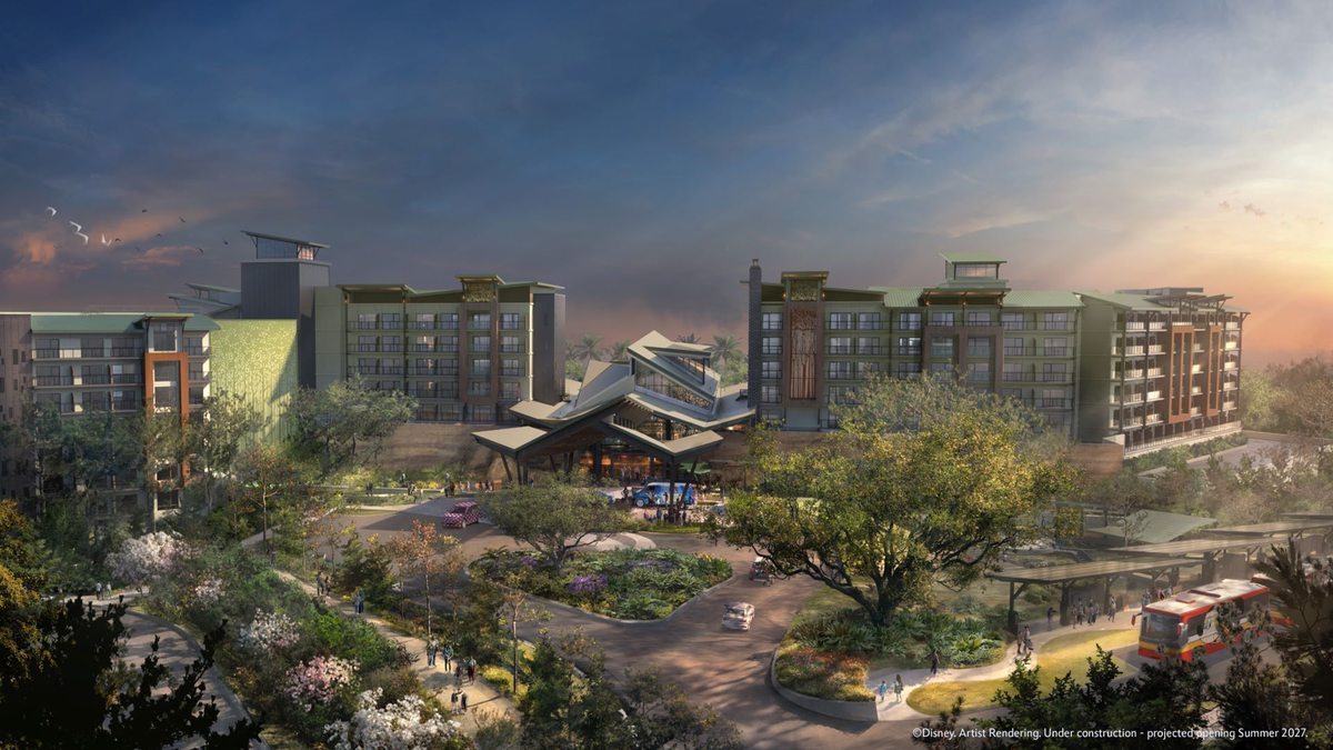 A digital rendering of a resort under construction, showcasing modern architecture and landscaping. The design features multiple buildings surrounded by trees and greenery, with a welcoming entrance area.