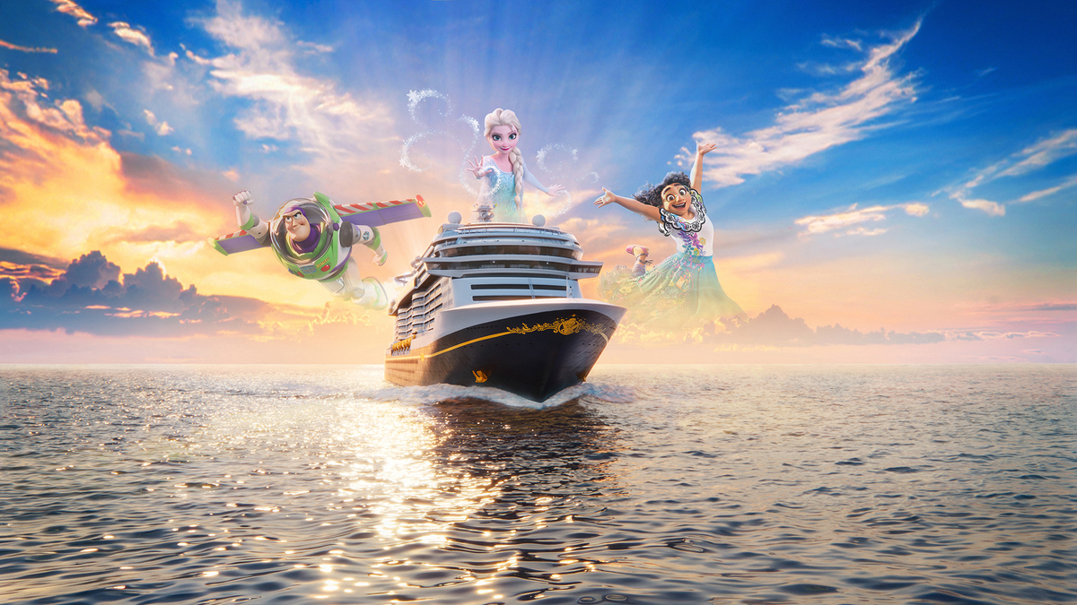A Disney-themed cruise ship is depicted sailing through calm waters under a vibrant sunset. Iconic characters from Disney, including Elsa from 'Frozen', Buzz Lightyear from 'Toy Story', and Mirabel from 'Encanto', are artistically illustrated to appear as part of the scene, celebrating the joy of a magical journey.