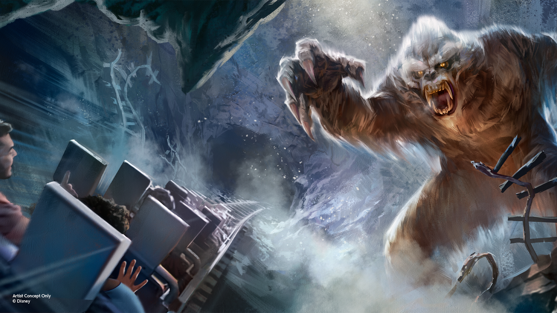 The image depicts a thrilling theme park ride set in a snowy environment, featuring a large, menacing yeti prominently in the foreground. The scene captures the excitement and fear of the ride as passengers react to the monstrous creature.