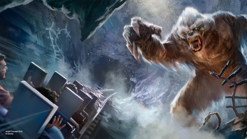 The image depicts a thrilling theme park ride set in a snowy environment, featuring a large, menacing yeti prominently in the foreground. The scene captures the excitement and fear of the ride as passengers react to the monstrous creature.