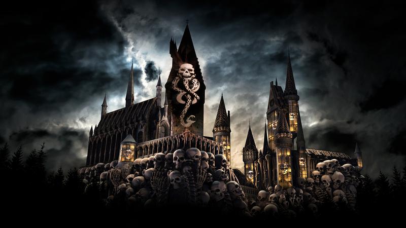 An ominous castle is depicted surrounded by a mass of skeletons under a dark and cloudy sky. The scene conveys a sense of eerie mystery and fantasy.
