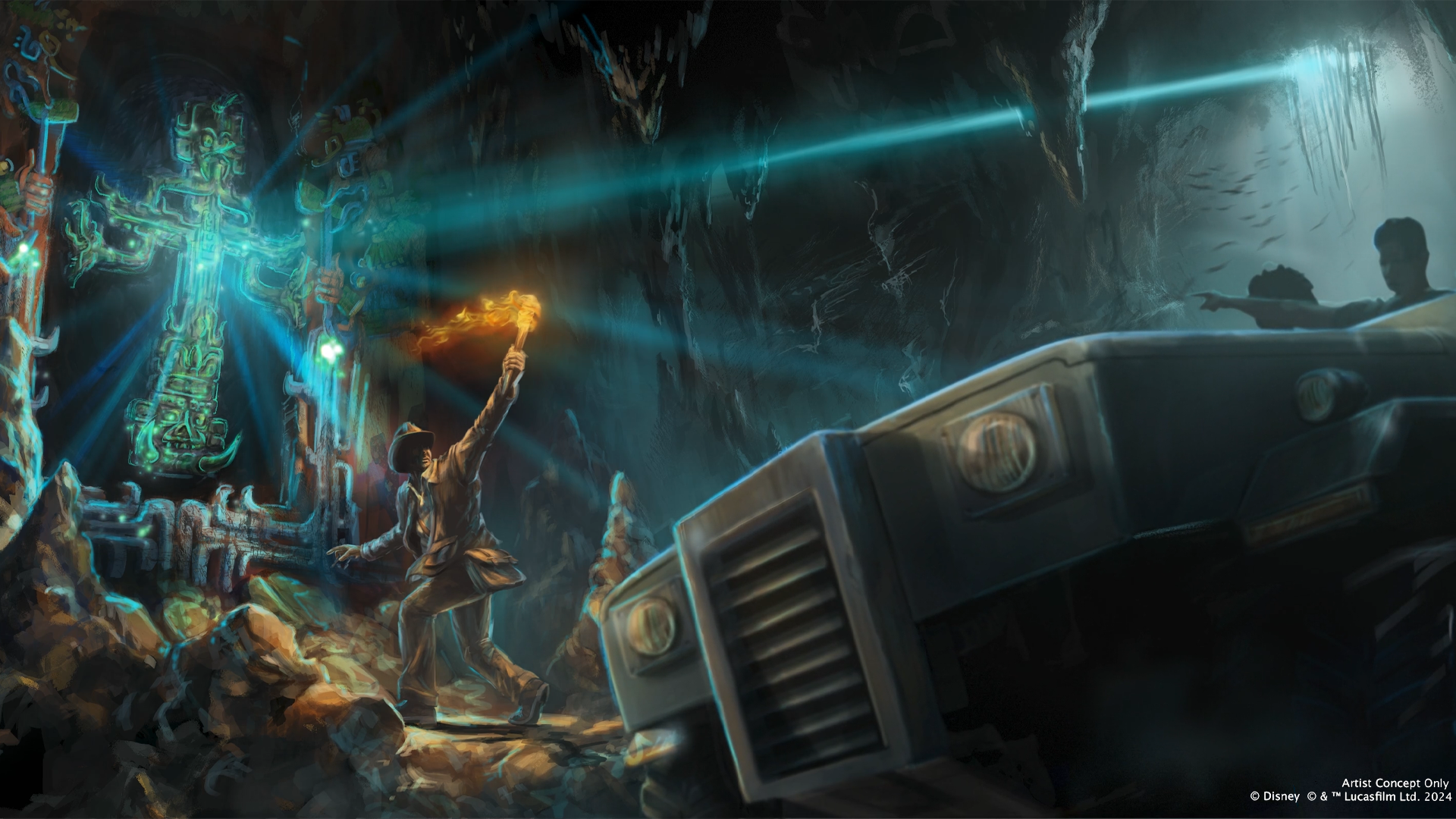 An adventurous scene depicting a character exploring an ancient cave illuminated by beams of light. The character is holding a torch and appears to be discovering a hidden artifact, while a vehicle is positioned nearby, suggesting a mix of exploration and action.