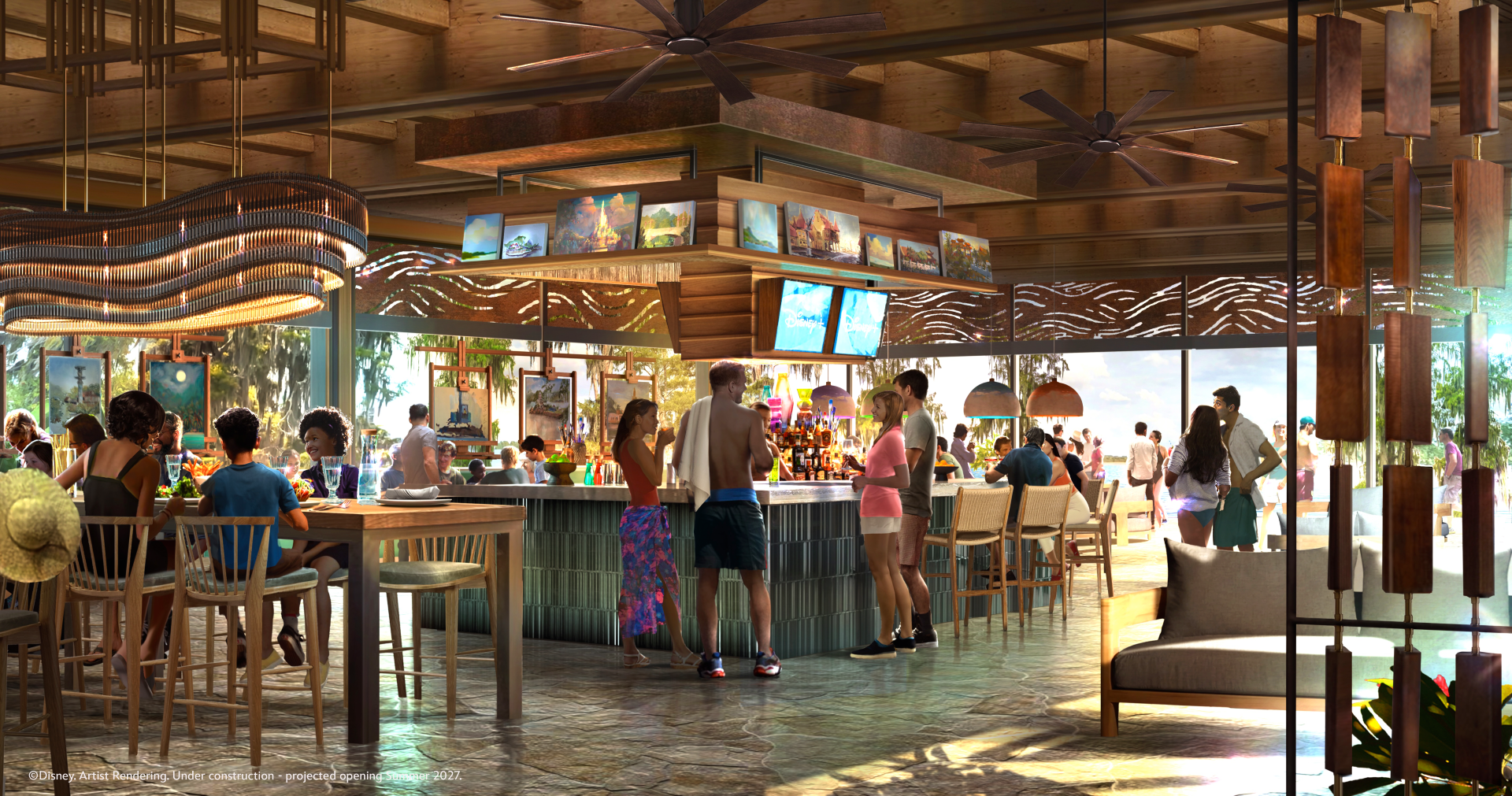 The image depicts a vibrant bar scene within a tropical resort, featuring guests socializing while enjoying drinks. The open space is designed with modern decor and large windows that showcase a sunny outdoor landscape.