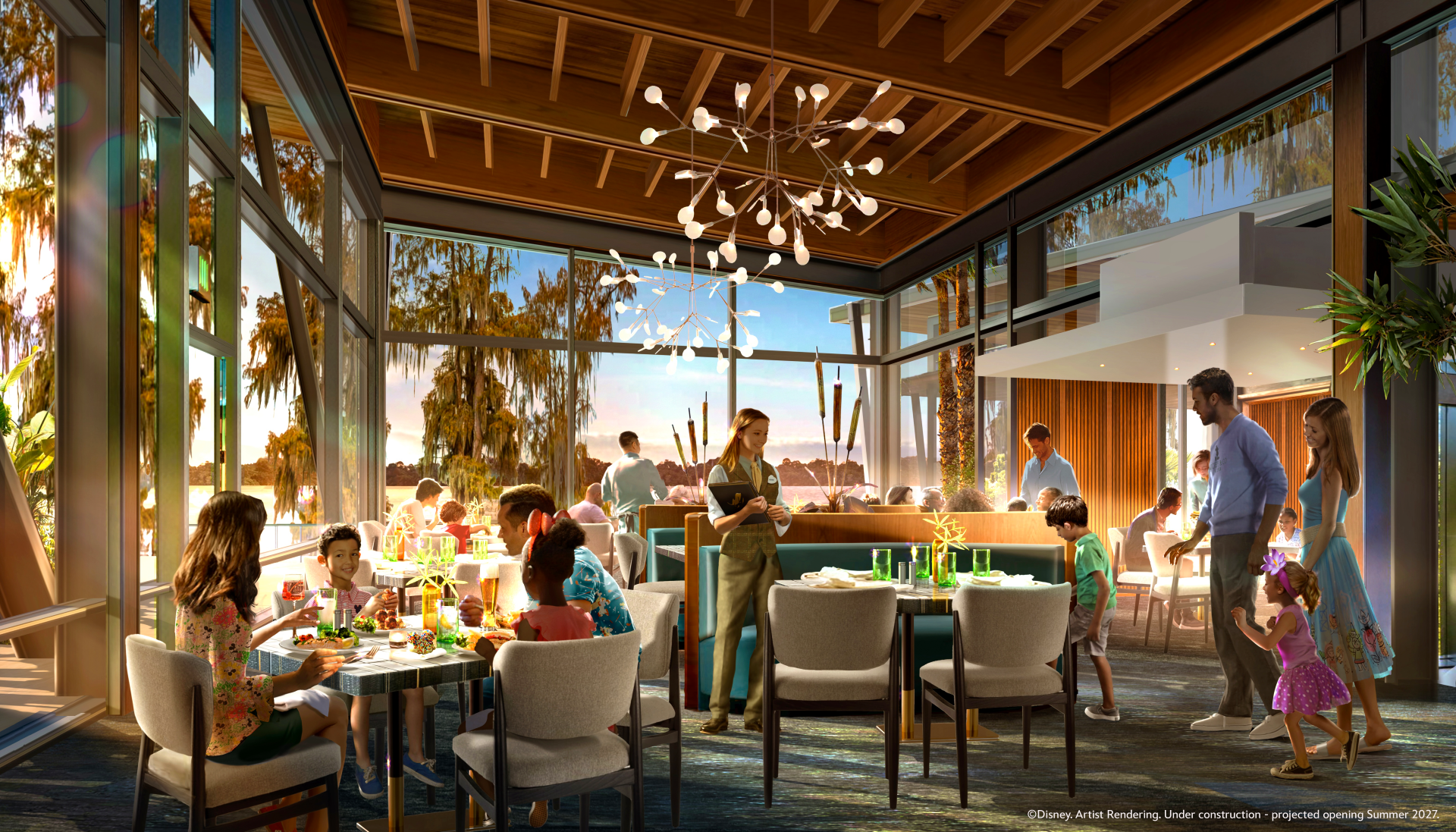 An artistic rendering of a modern restaurant interior under construction, featuring families dining together. Large windows provide a view of palm trees and a bright outdoor setting, creating an inviting atmosphere.
