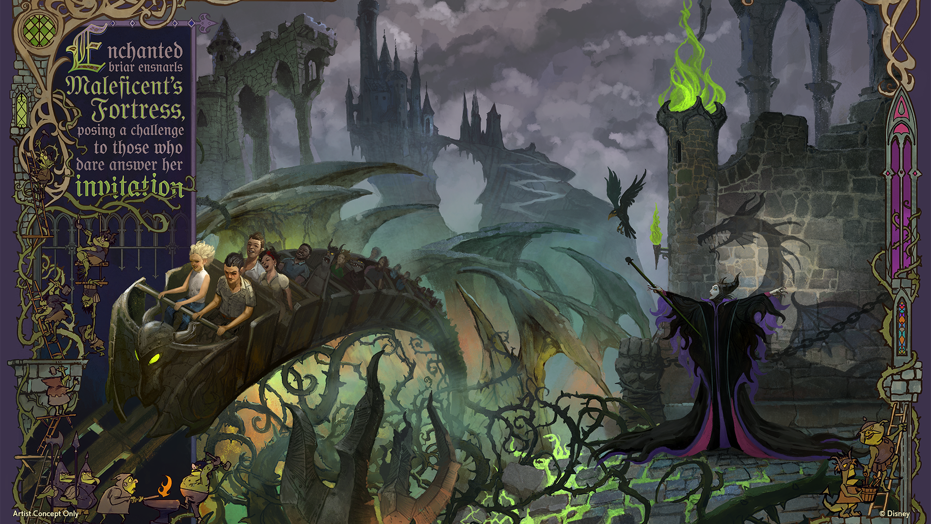 The image depicts a mystical scene from a fantasy realm featuring Maleficent’s fortress. It showcases a dragon-like creature with riders, set against a dark, eerie landscape filled with ruins and ominous skies.